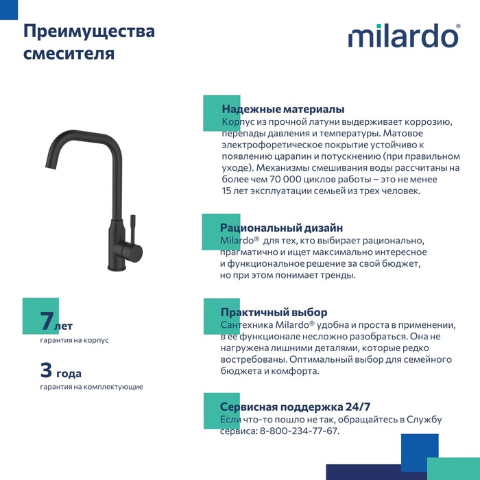 картинка Смеситель Milardo Meal для кухни, черный матовый, M01BLL0M05 от магазина Ваша Сантехника